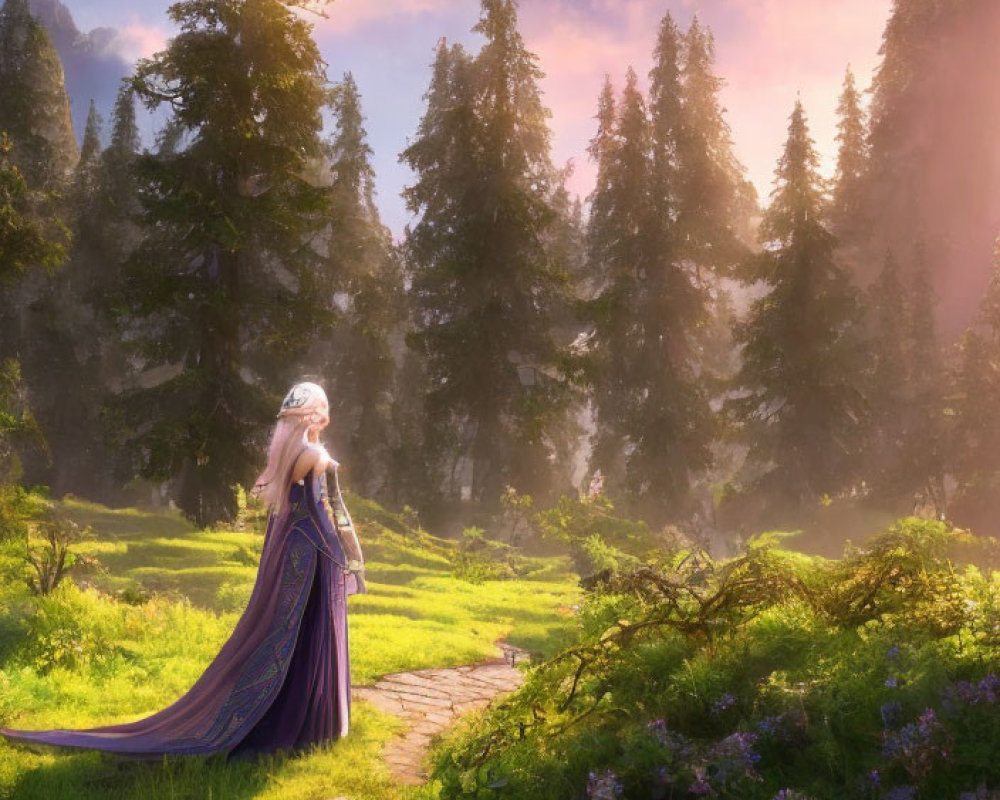 Woman in purple gown and crown in enchanted forest with sunbeams