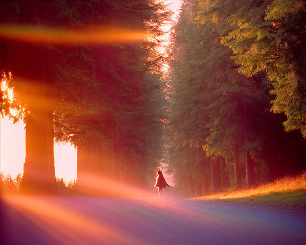 Sunlit forest path with dramatic light rays through trees