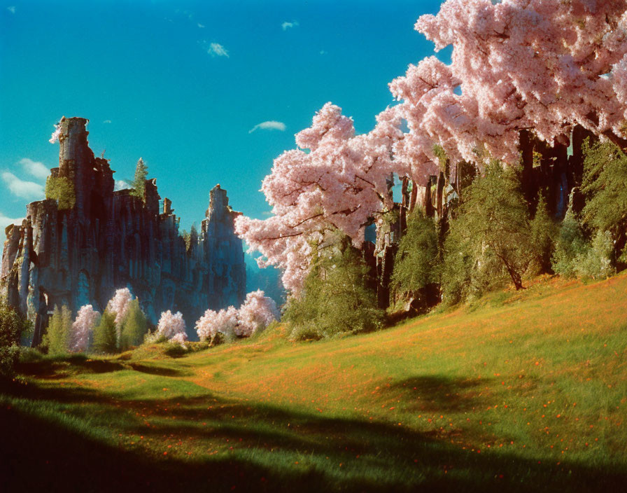 Scenic landscape with pink flowering trees and rock formations