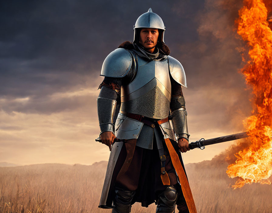 Medieval armor-clad figure with sword in fiery landscape.