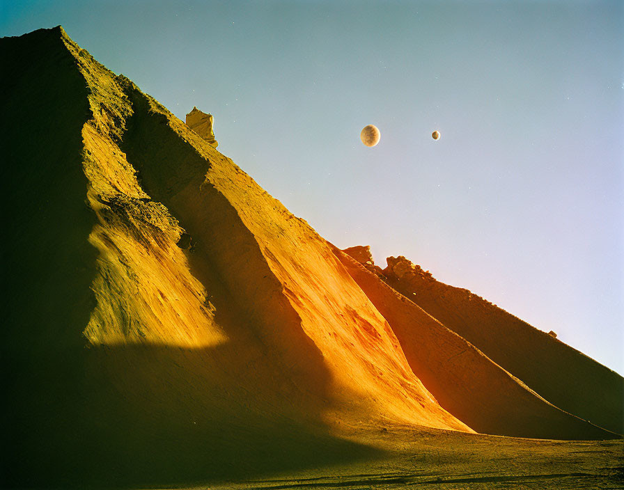 Sloping sand dune under clear sky with two moons visible