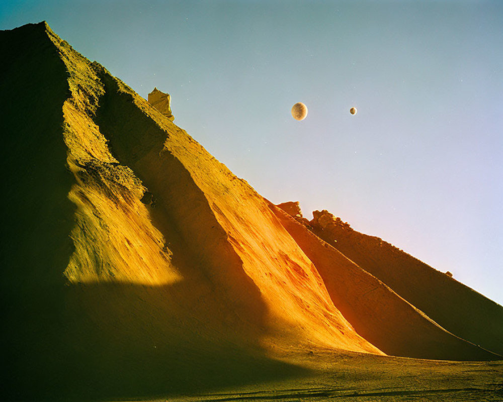 Sloping sand dune under clear sky with two moons visible