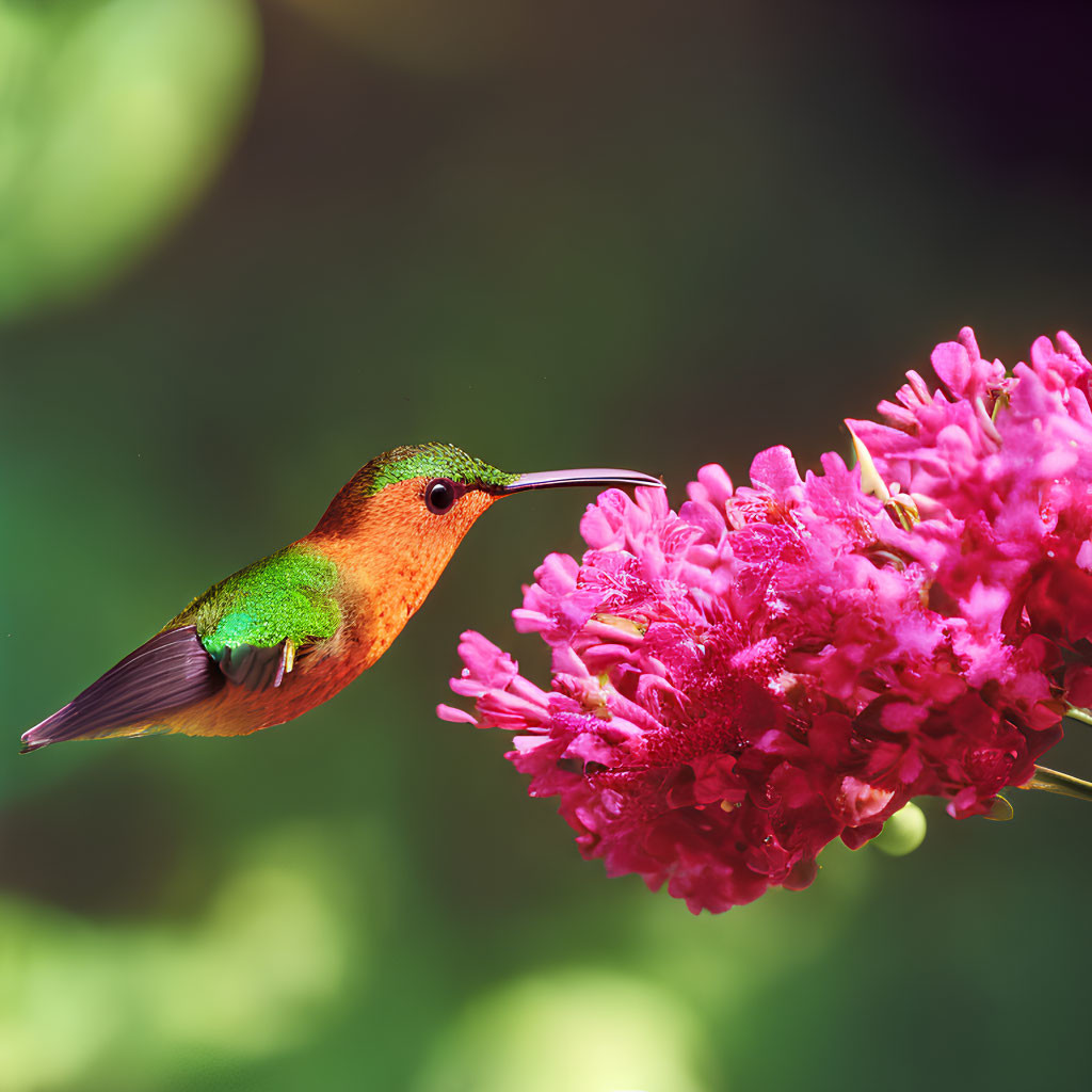 Colorful Hummingbird Feeding on Pink Blossoms