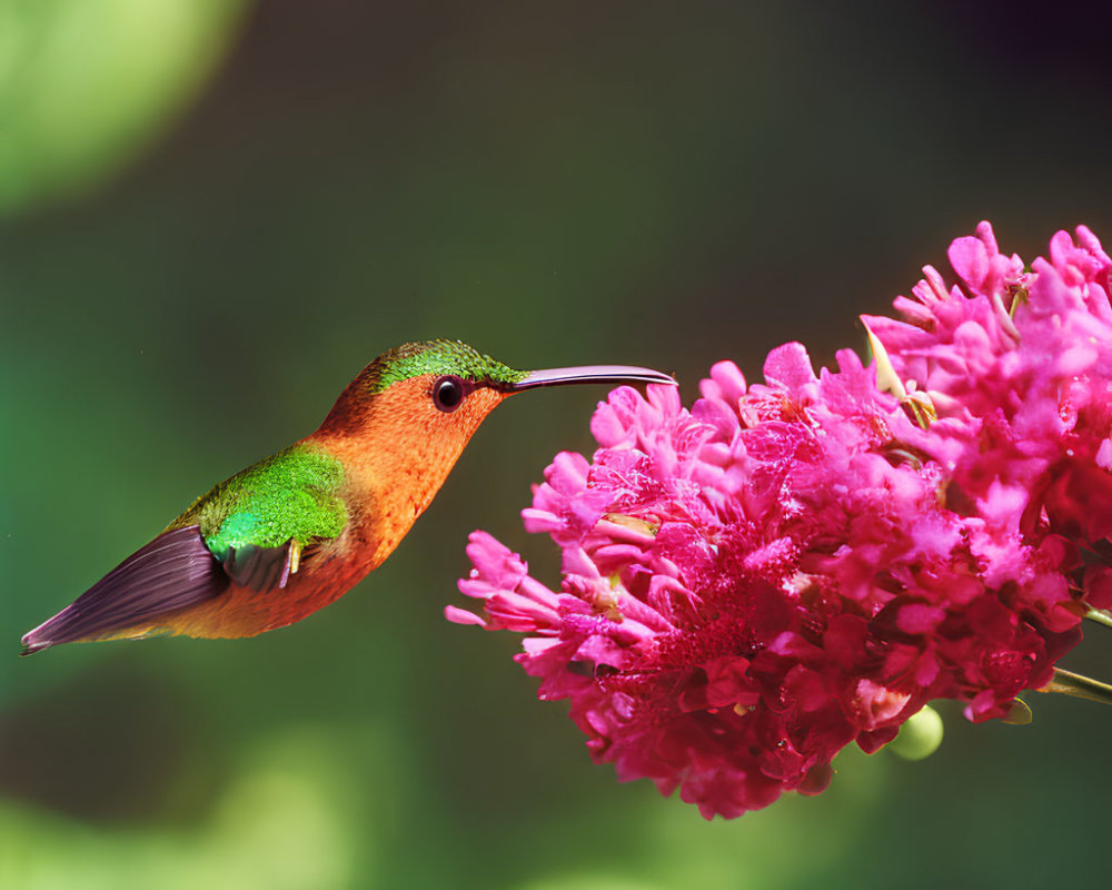 Colorful Hummingbird Feeding on Pink Blossoms