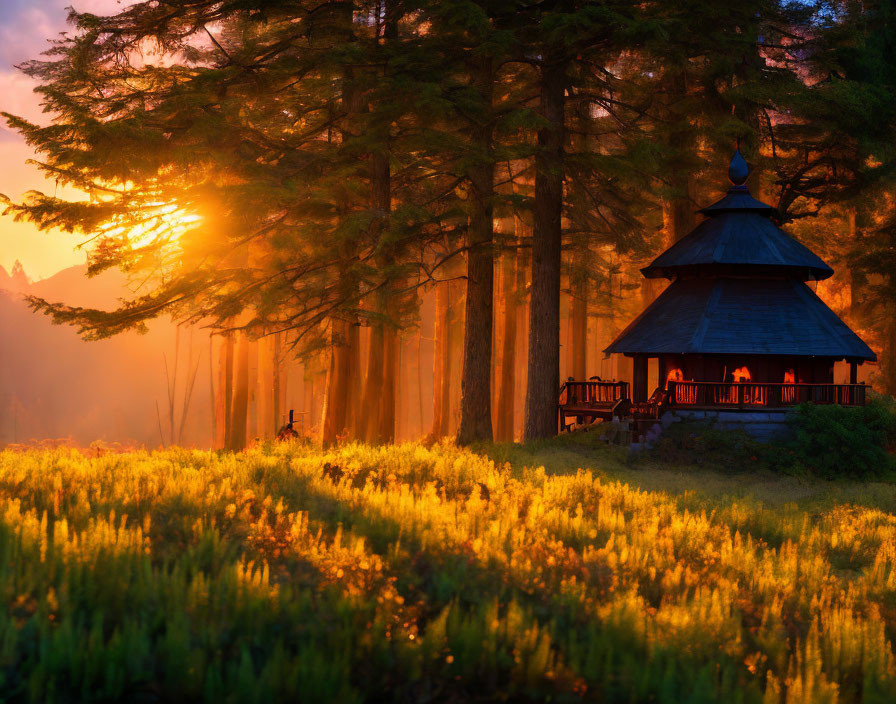 Tranquil gazebo in sunrise light among tall pines and blooming meadow