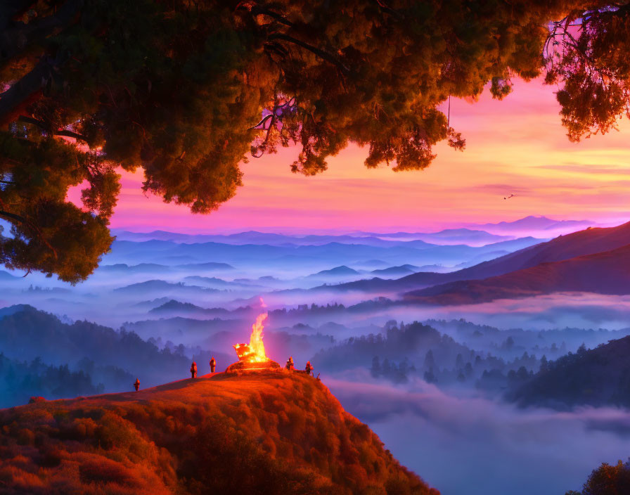 Fiery sunset over misty mountain landscape with silhouetted figures around bonfire