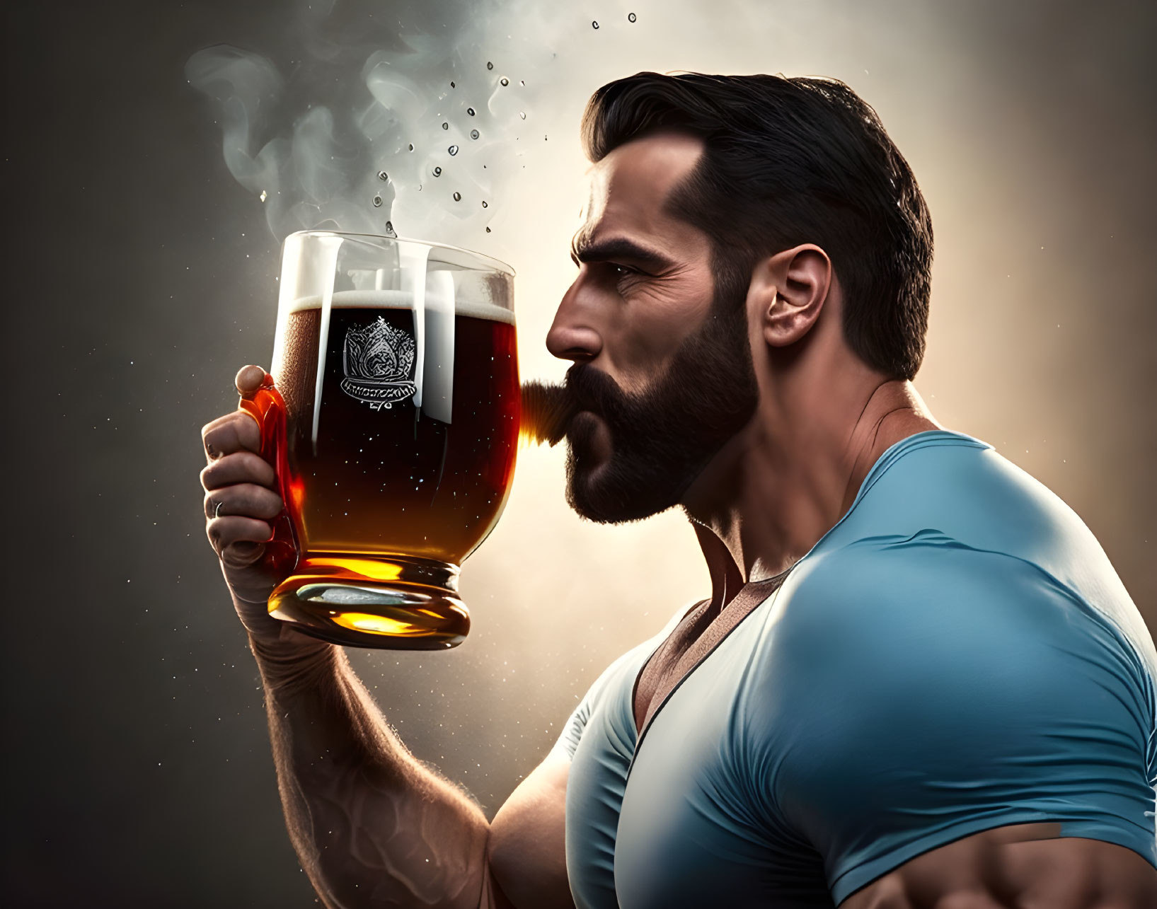 Muscular man in blue shirt with frothing beer mug on dark backdrop