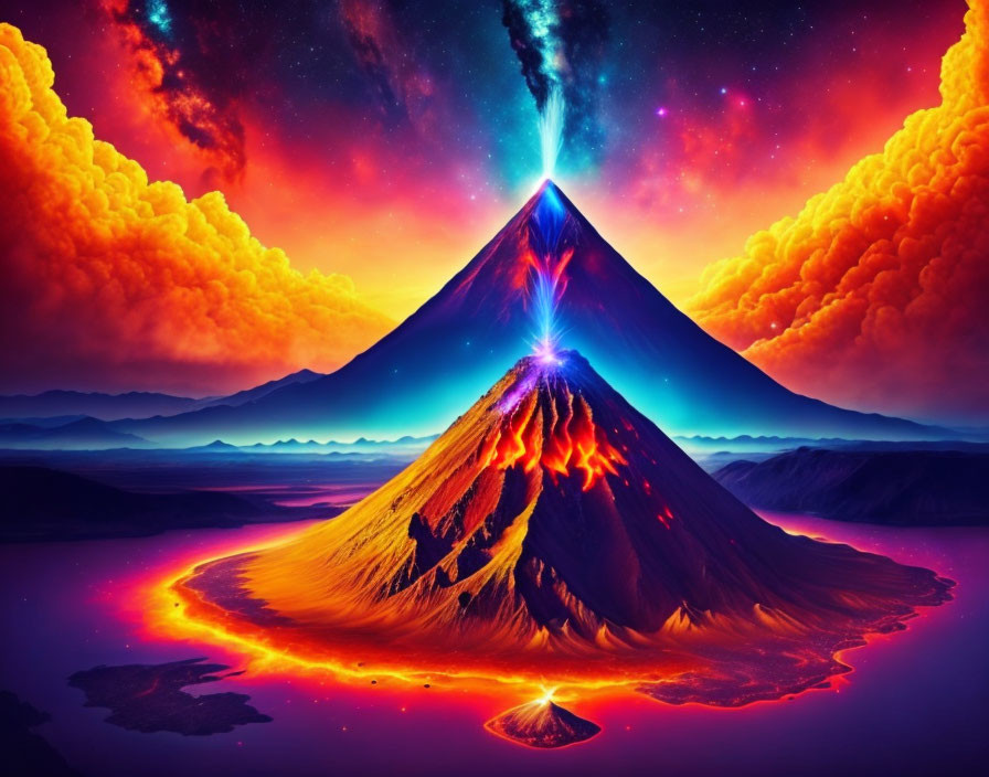 Colorful surreal illustration: erupting volcano with glowing lava in cosmic sky