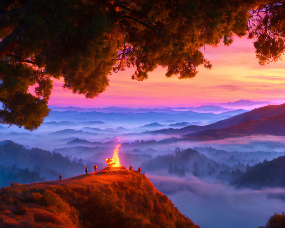 Fiery sunset over misty mountain landscape with silhouetted figures around bonfire