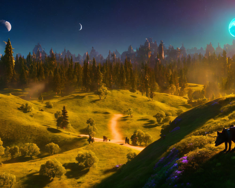 Twilight scene with two moons, travelers, misty forests, and luminous plants