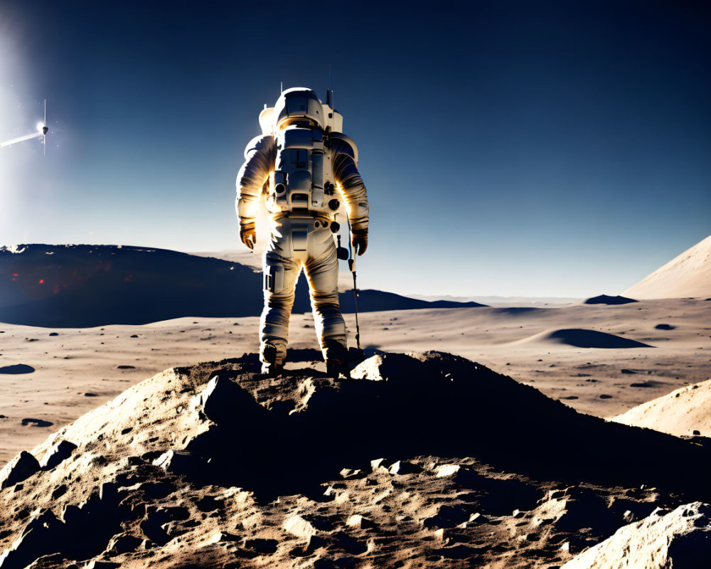 Astronaut on rocky lunar surface under starry sky