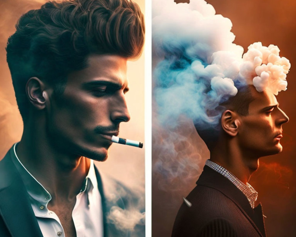 Split-image portrait: man with realistic and illustrated smoke styling