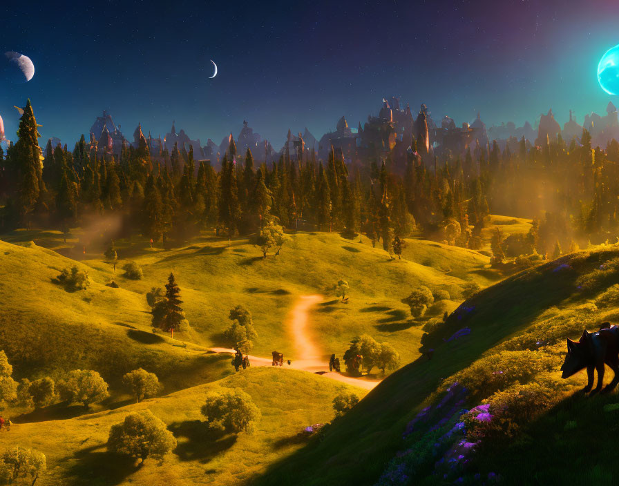 Twilight scene with two moons, travelers, misty forests, and luminous plants