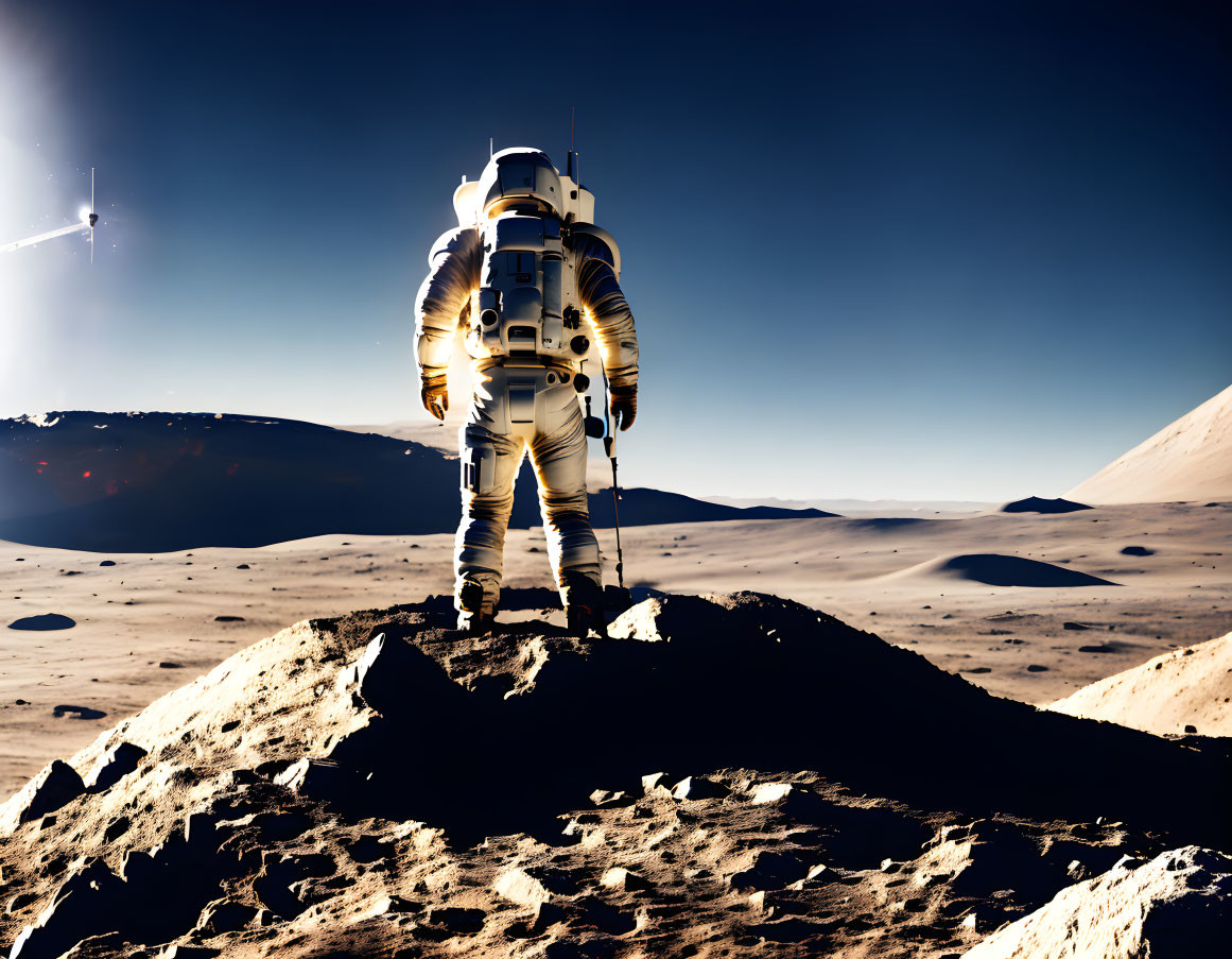 Astronaut on rocky lunar surface under starry sky