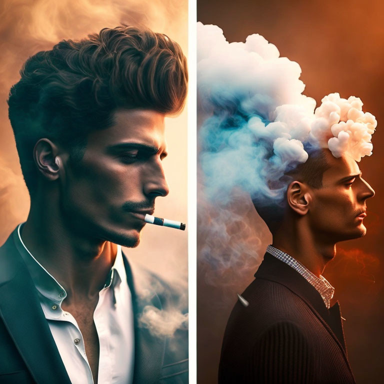 Split-image portrait: man with realistic and illustrated smoke styling