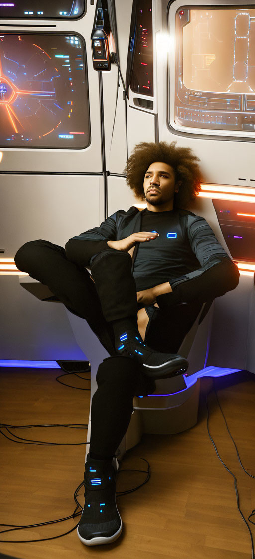 Person with Afro in Futuristic Chair Surrounded by High-Tech Screens