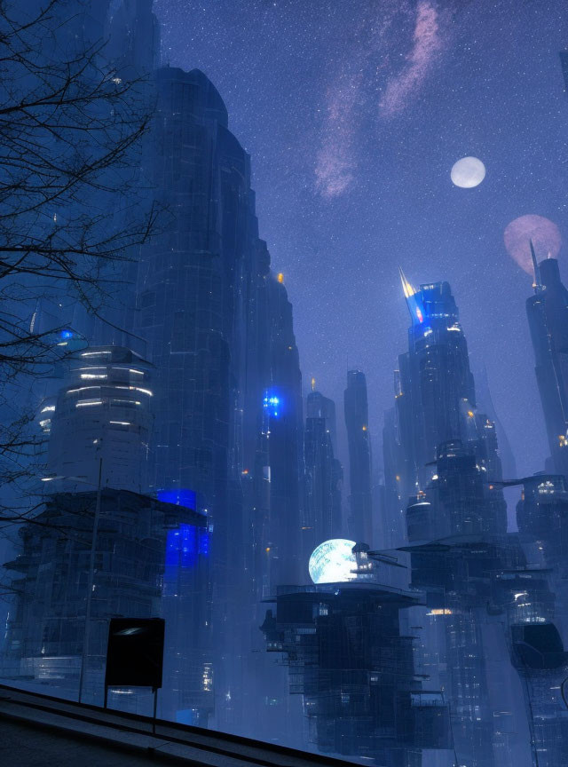 Futuristic night cityscape with illuminated skyscrapers and two moons