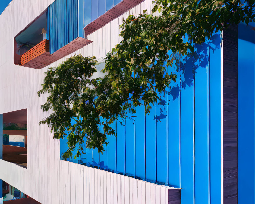 Blue and White Geometric Building Facade with Tree Branches