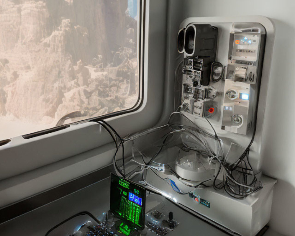 Futuristic console with screens and knobs in vehicle overlooking rocky terrain.