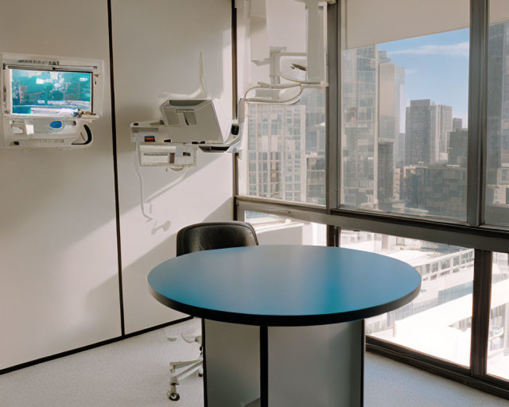 Hospital room with medical equipment, round table, chair, and cityscape view