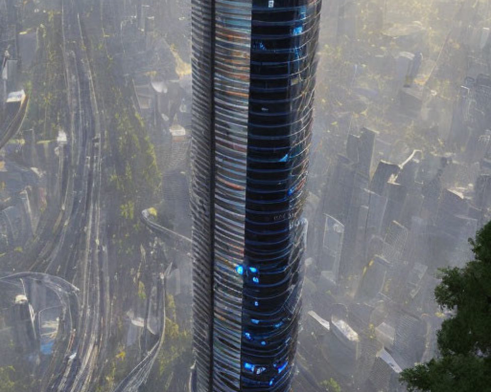 Modern skyscraper in bustling city at dawn or dusk skyline.