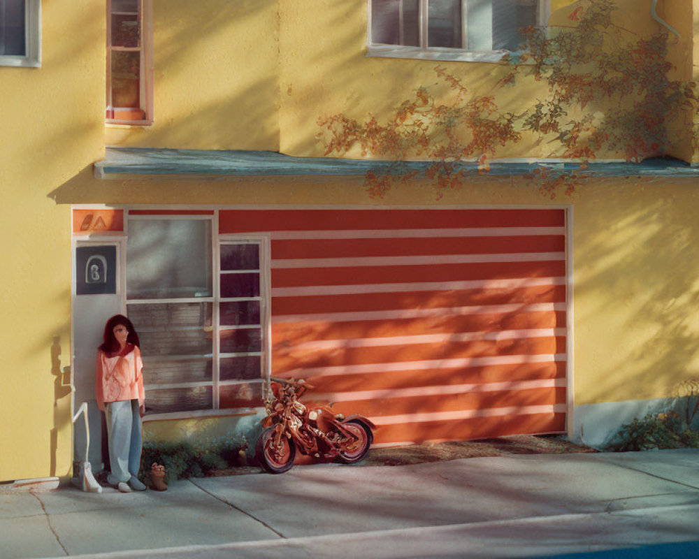 Person leaning against building next to red and white striped garage door with motorcycle parked nearby in golden sunlight