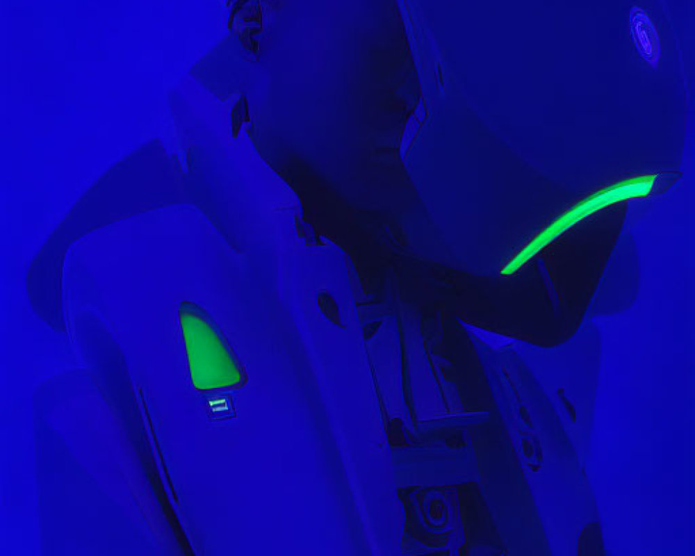 Futuristic armor-clad figure with glowing green lights on blue background