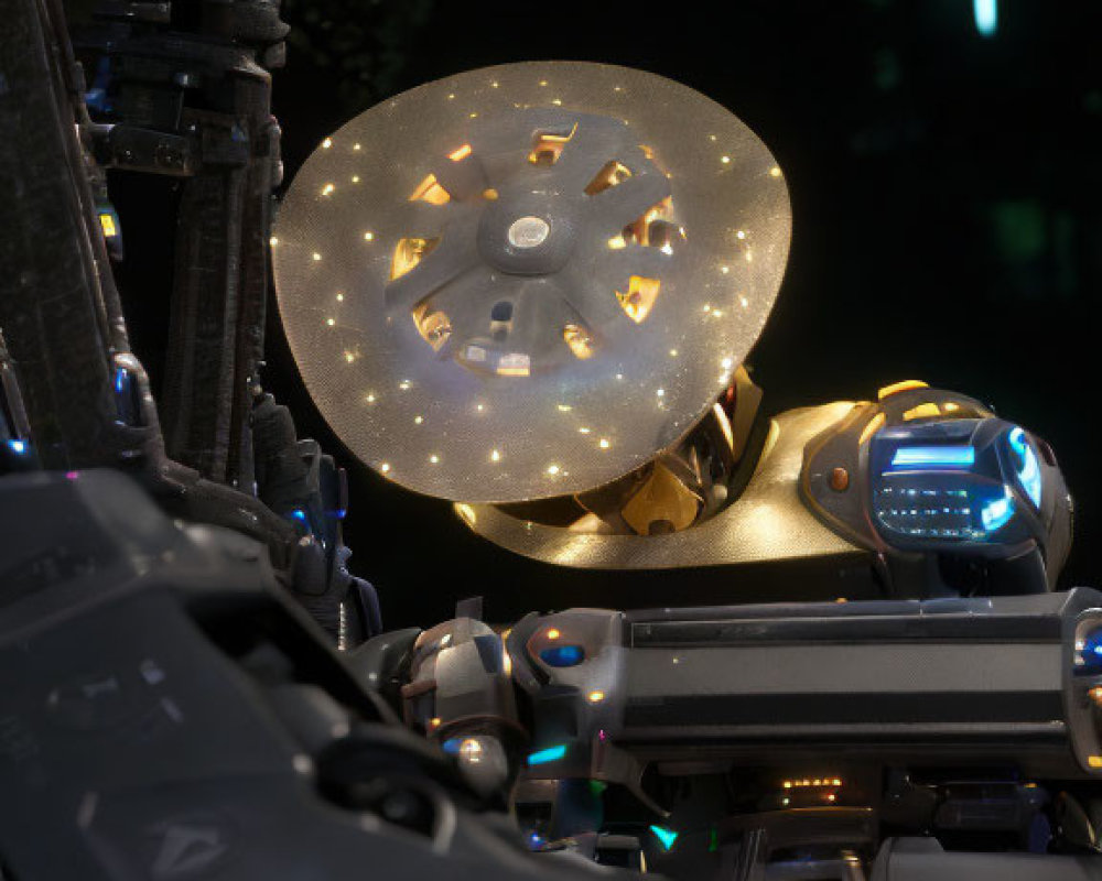 Detailed Close-Up of Robot's Illuminated Head Against Dark Background