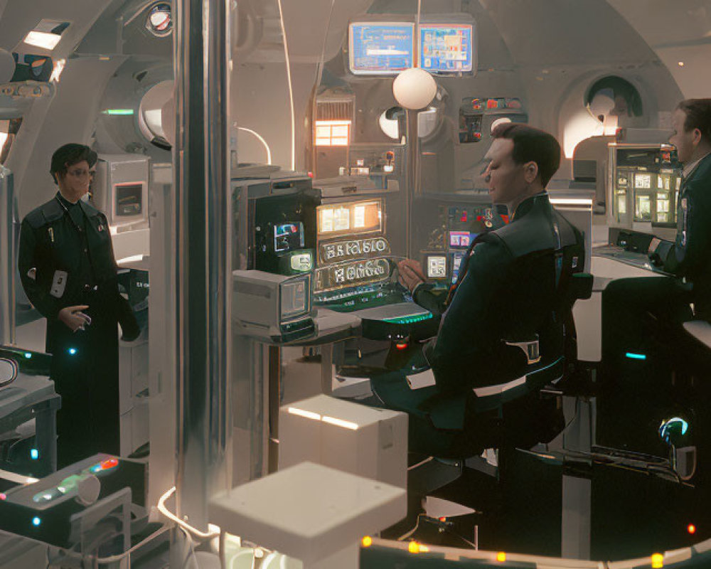 Futuristic control room with advanced computer consoles and individuals.