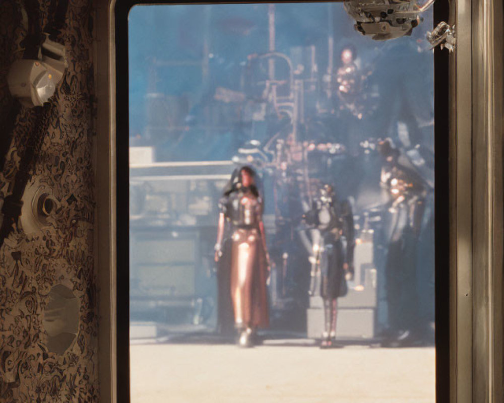 Spacecraft window view: Two astronauts in suits on dusty surface with equipment