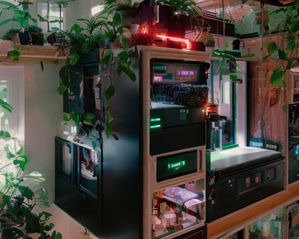 Modern computer tower surrounded by green plants in cozy indoor space