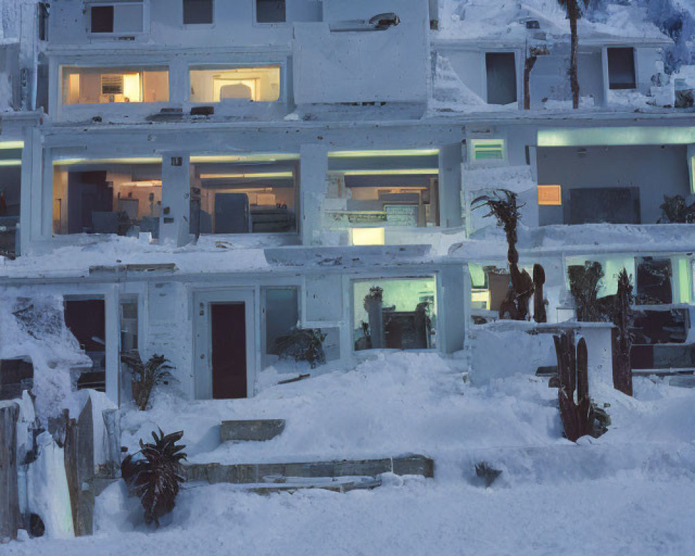 Snow-covered building at dusk with lit interiors against blue sky