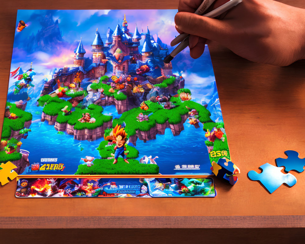 Colorful fantasy castle jigsaw puzzle with animated characters on wooden table