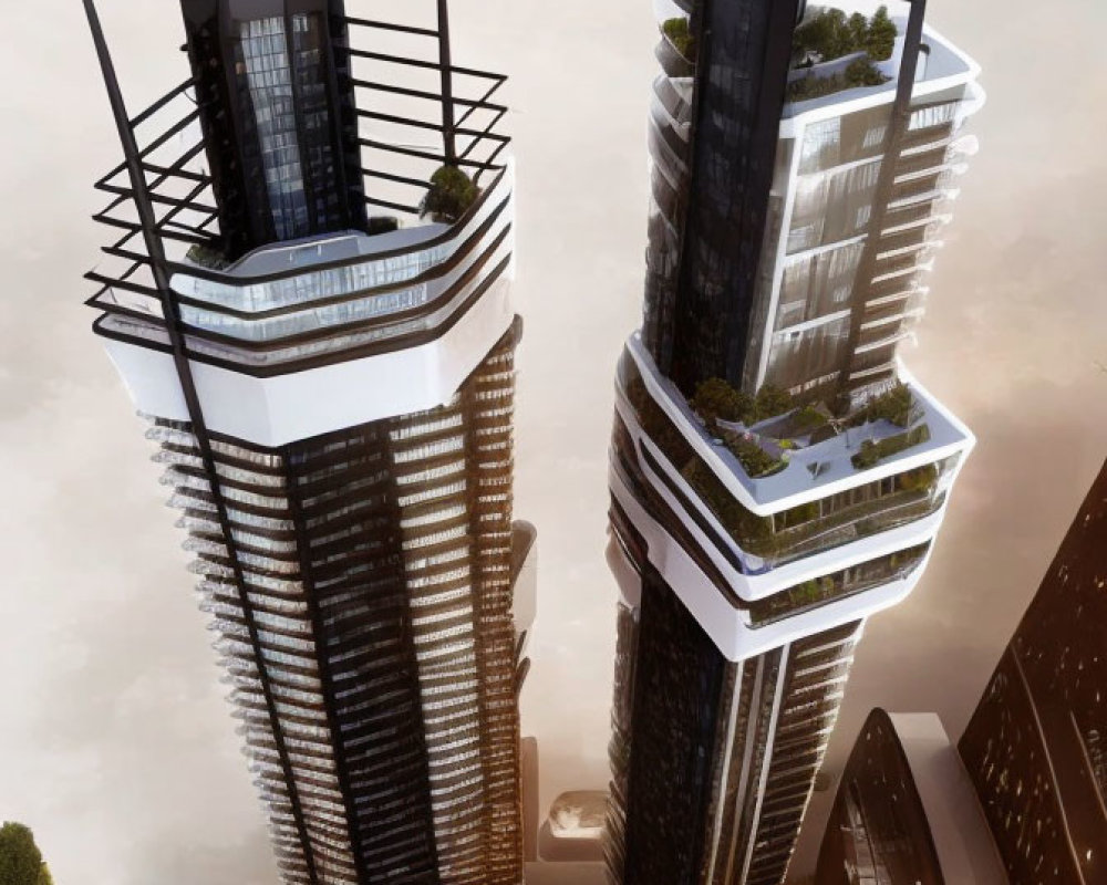 Futuristic high-rise buildings with unique green terraces and sharp spires