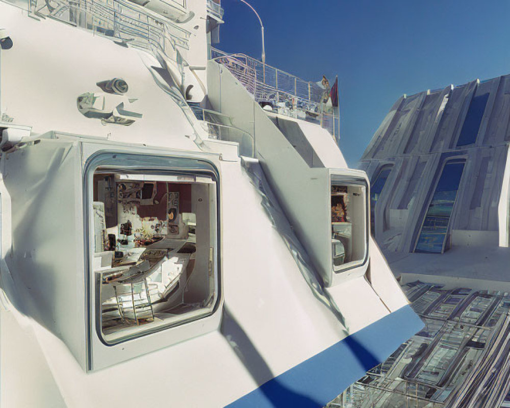 Ship's Bridge with Large Windows and Instrument Panels under Clear Blue Sky