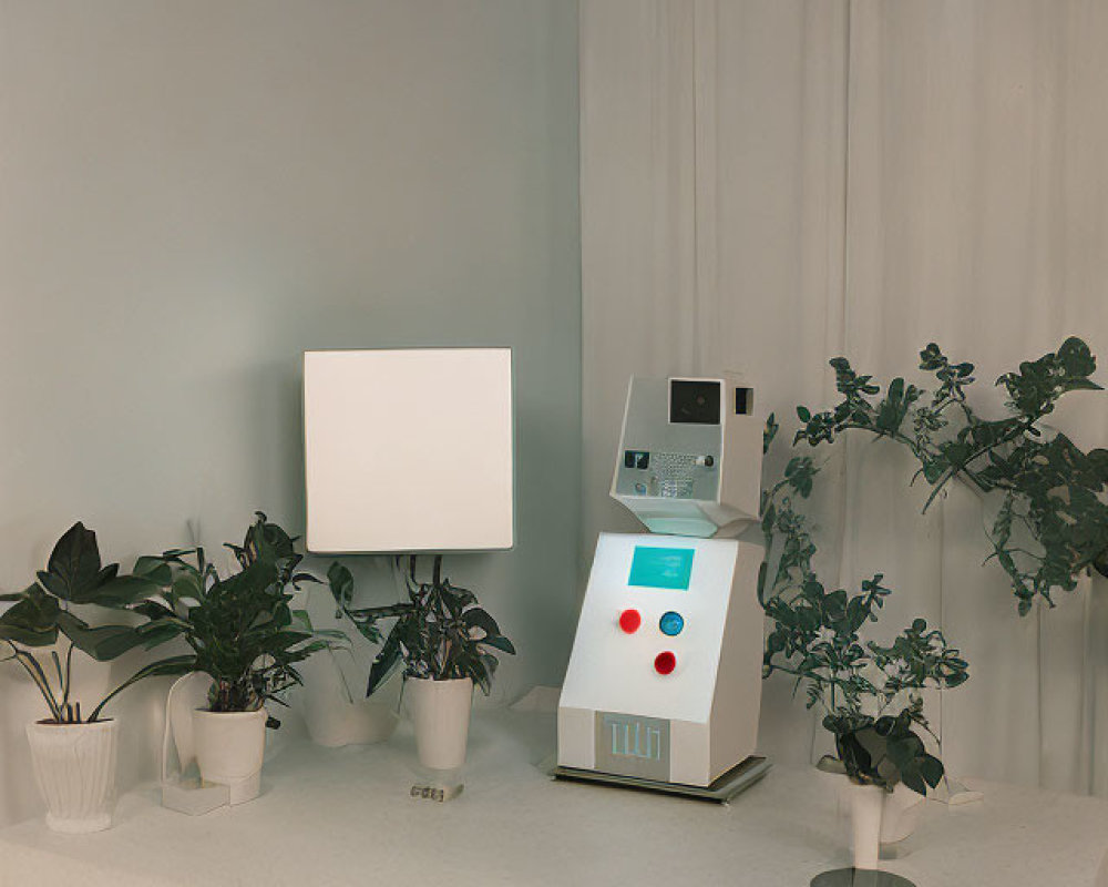 White Table, Vintage Robot, Lamp, Chair & Plants in Minimalist Room