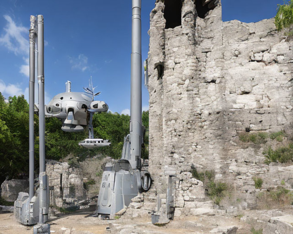 Futuristic robot resembling AT-AT walker next to ancient ruins