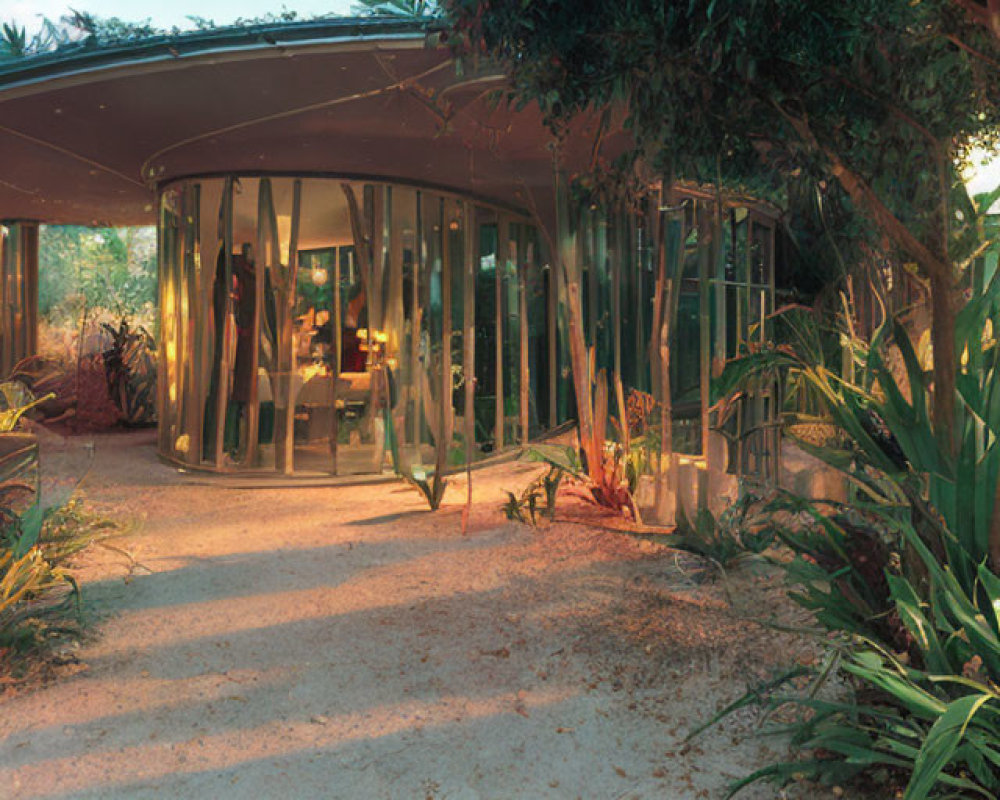 Glass-walled modern house in lush greenery at twilight