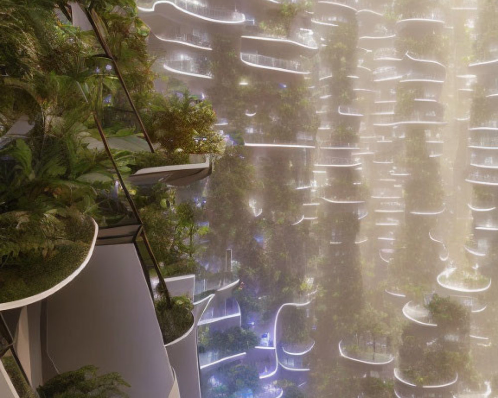 Vertical Garden Building with Neon-Lit Balconies in Lush Green Setting