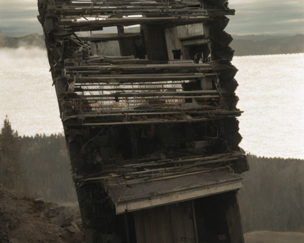 Weathered wooden structure on hillside overlooking misty lake