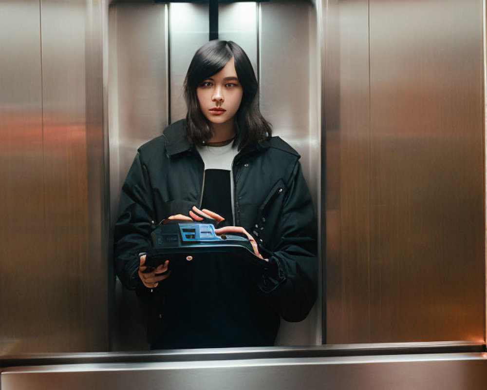 Young woman in elevator with clipboard under soft lighting