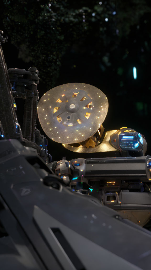 Detailed Close-Up of Robot's Illuminated Head Against Dark Background