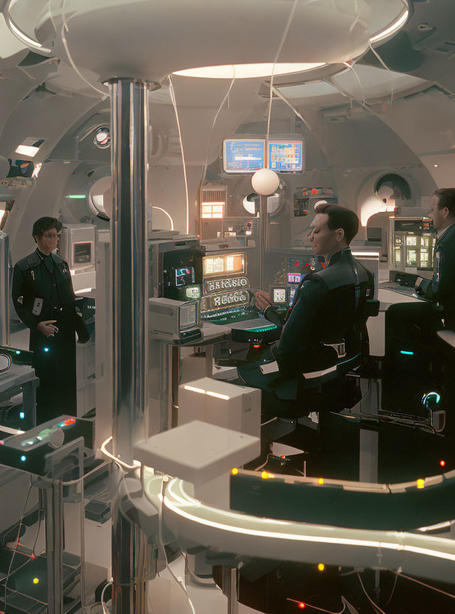 Futuristic control room with advanced computer consoles and individuals.