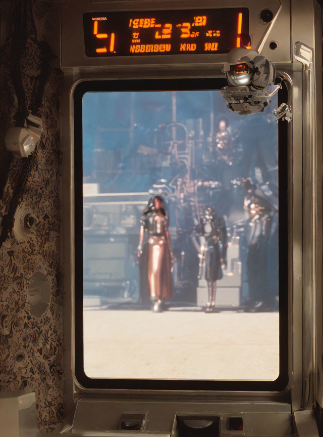 Spacecraft window view: Two astronauts in suits on dusty surface with equipment