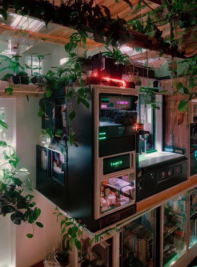 Modern computer tower surrounded by green plants in cozy indoor space