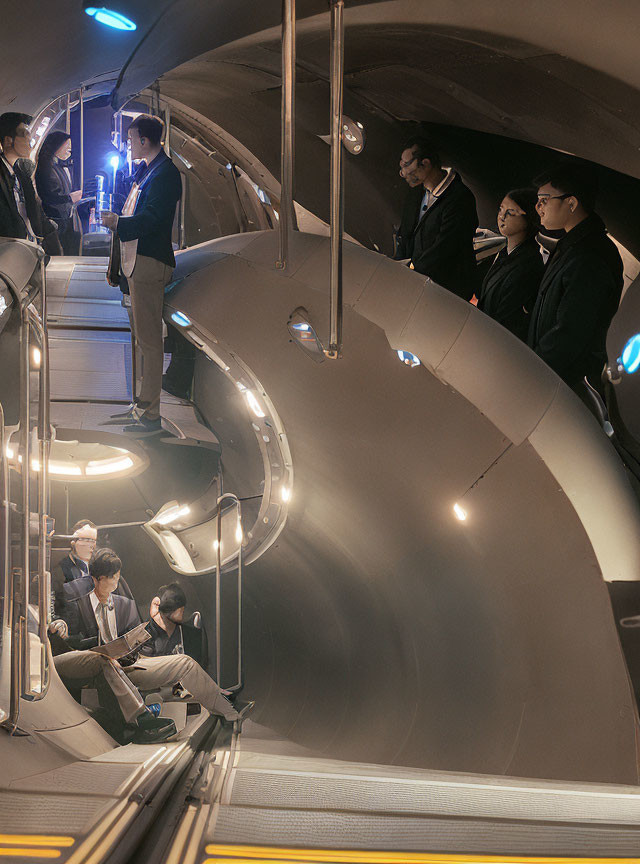 Professionals in Business Attire in Modern Futuristic Tunnel