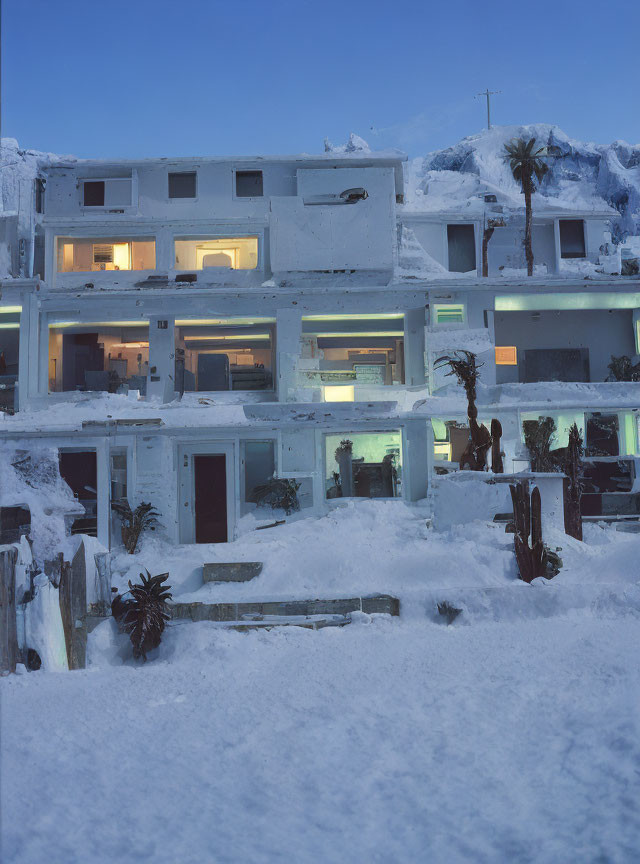 Snow-covered building at dusk with lit interiors against blue sky