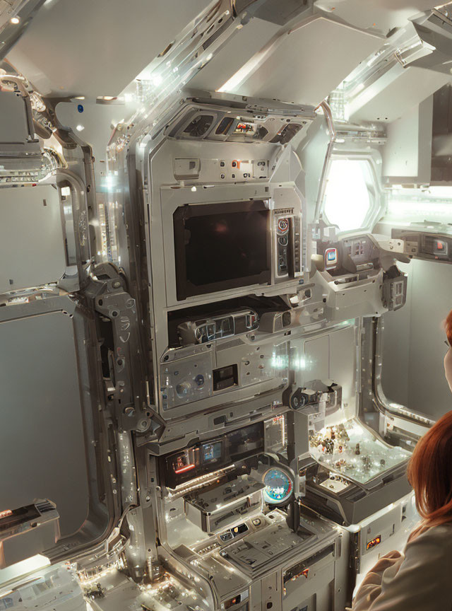 Spacecraft Module Interior with Control Panels and Astronaut Viewing Screen