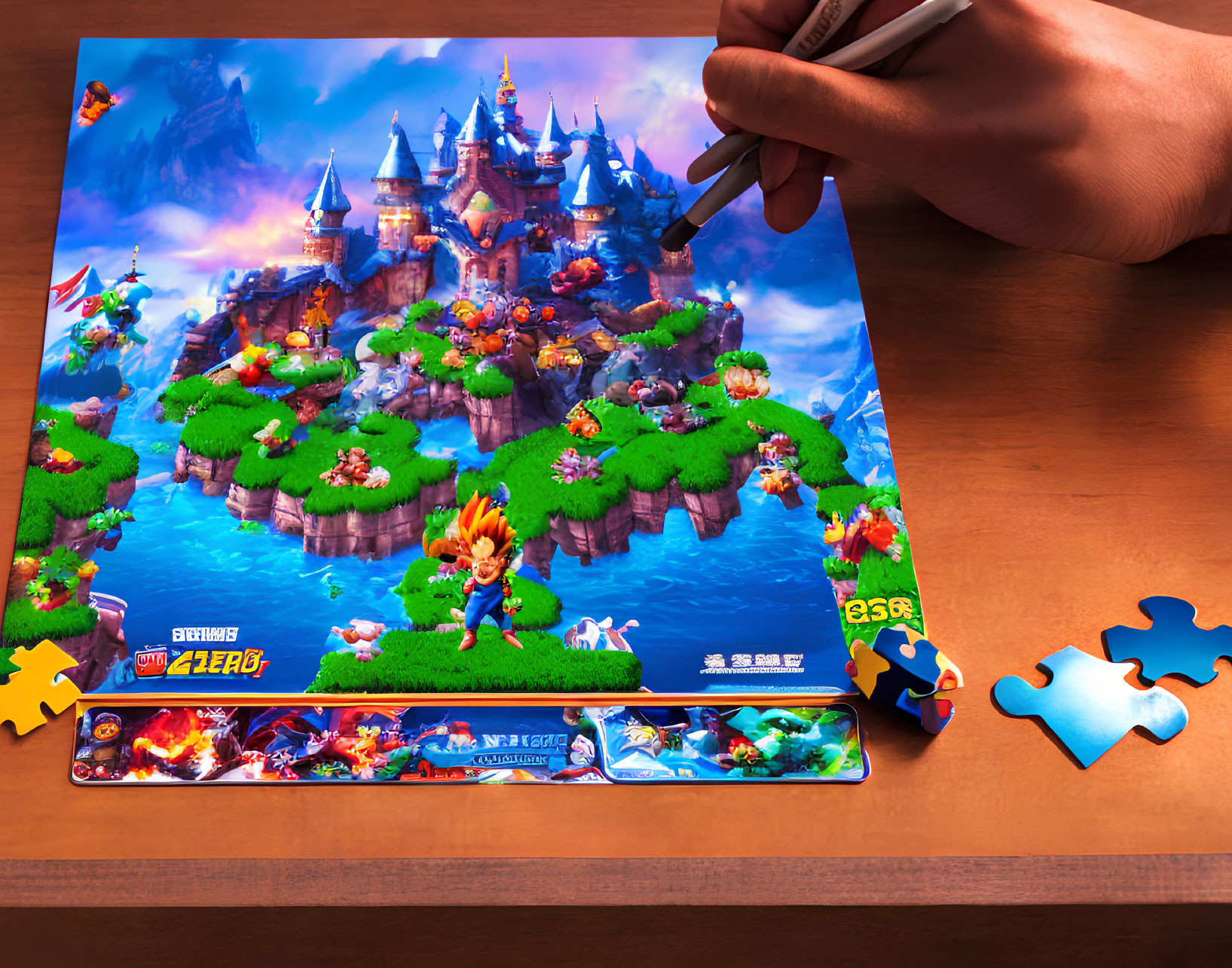 Colorful fantasy castle jigsaw puzzle with animated characters on wooden table