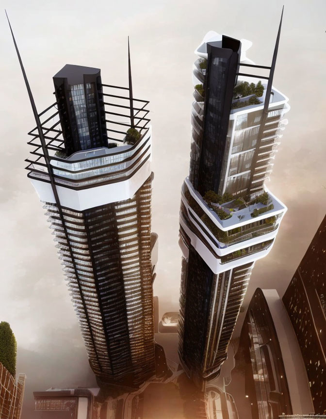 Futuristic high-rise buildings with unique green terraces and sharp spires